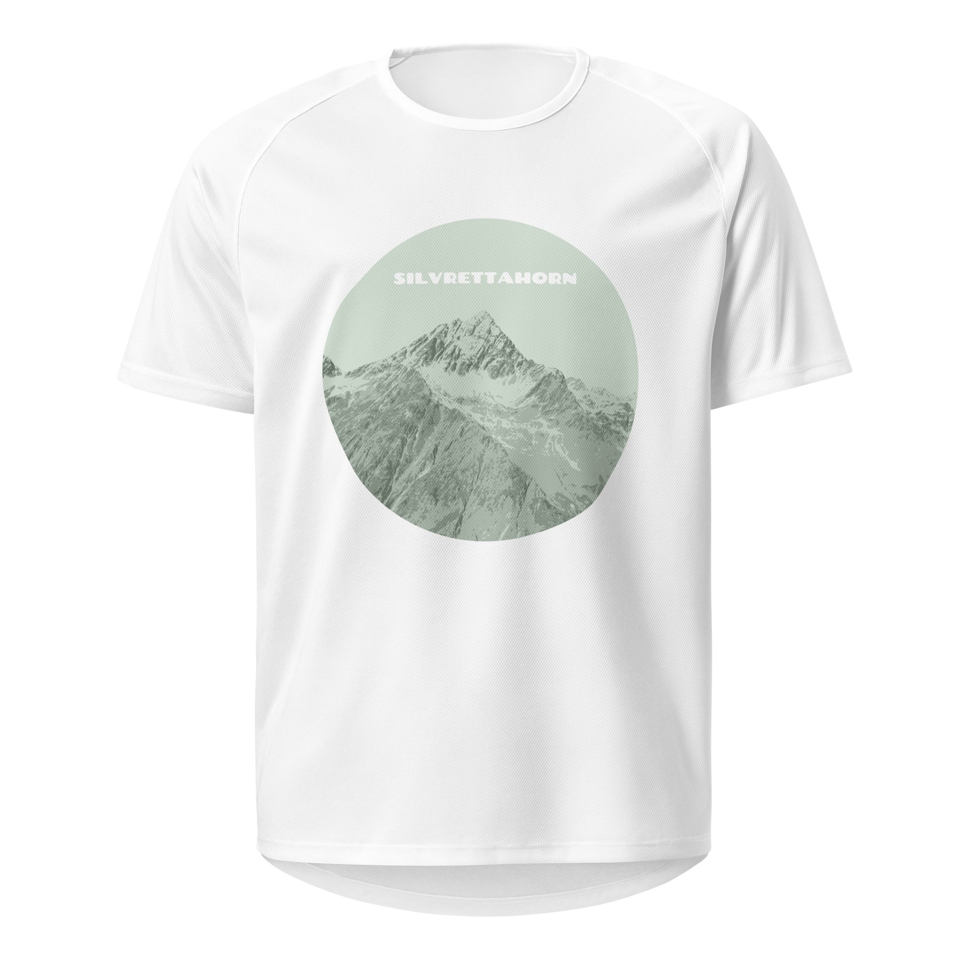 Weisses Damen-Trainingsshirt mit dem Aufdruck des Silvrettahorns an der Grenze von Graubünden und Vorarlberg.