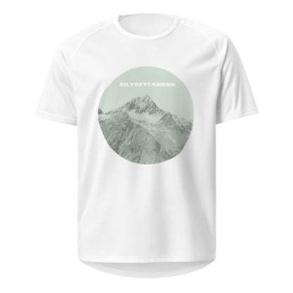 Weisses Damen-Trainingsshirt mit dem Aufdruck des Silvrettahorns an der Grenze von Graubünden und Vorarlberg.