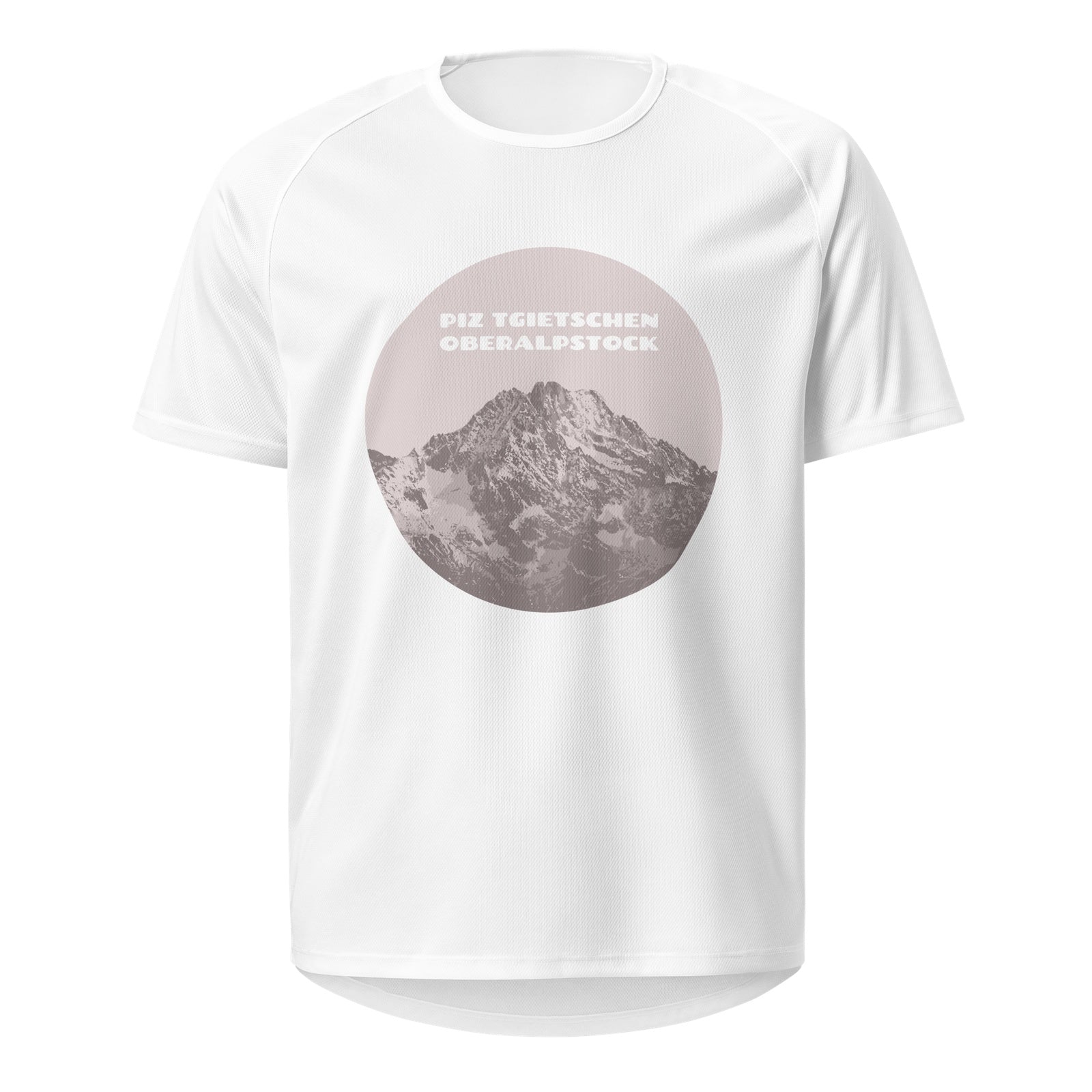 Weissen Damen-Sport-Shirt miz dem Aufdruck des Gipfels des Oberalpstocks.