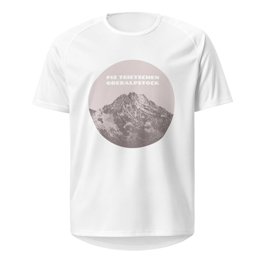 Weissen Damen-Sport-Shirt miz dem Aufdruck des Gipfels des Oberalpstocks.