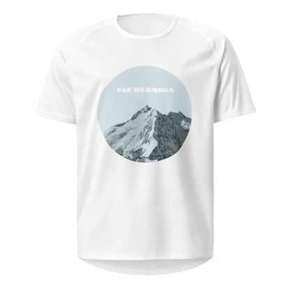 Weisses Herren-Sport-Shirt mit einem Aufdruck des Piz Bernina im Engadin.
