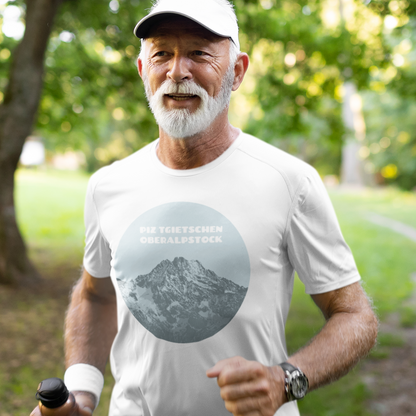 Ein älterer Mann beim Joggen. Er trägt ein weisses Sport-Shirt mit Oberalpstock.