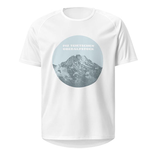 Weisses Herren-Sport-Shirt mit einem blauen Aufdruck des Oberalpstocks.