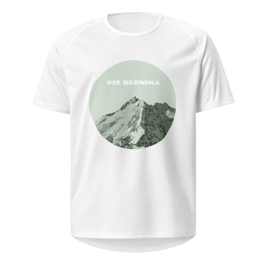 Weisses Herren-Sport-Shirt mit einem grünen Aufdruck, der den Piz Bernina zeigt.