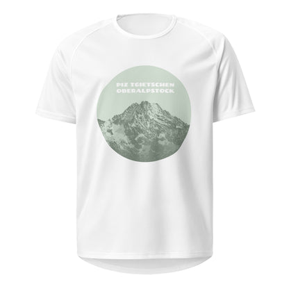 Weisses Herren-Sport-Shirt mit grünem Print, der den Oberalpstock zeigt.