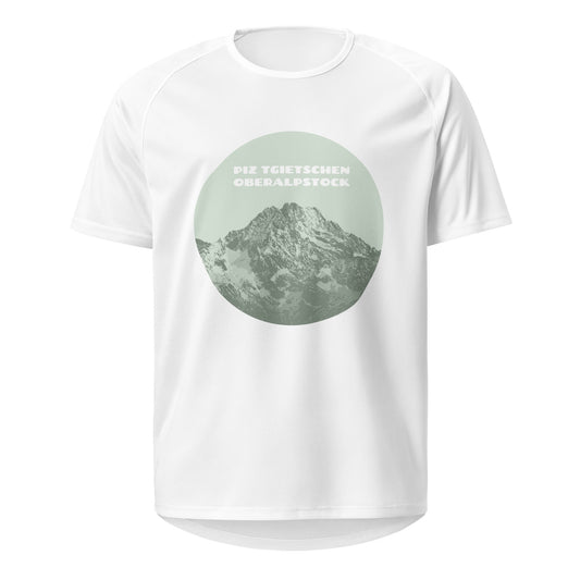 Weisses Herren-Sport-Shirt mit grünem Print, der den Oberalpstock zeigt.
