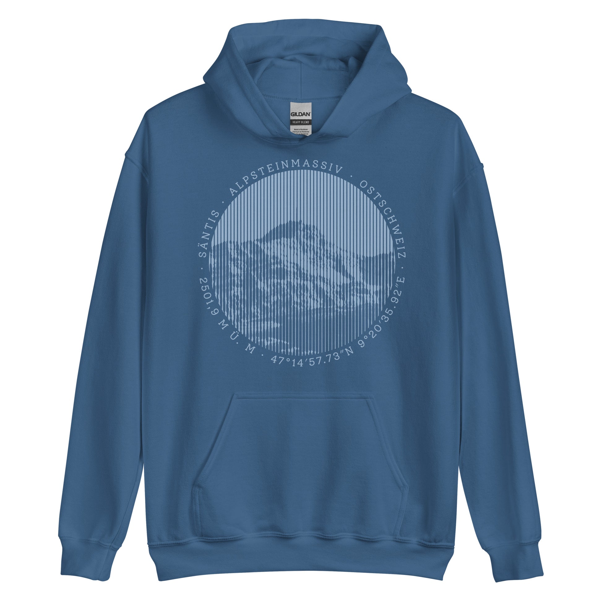 Indigoblauer Hoodie. Der Print zeigt den Säntis, einen legendären Berggipfel in den Appenzeller Alpen in der Ostschweiz.