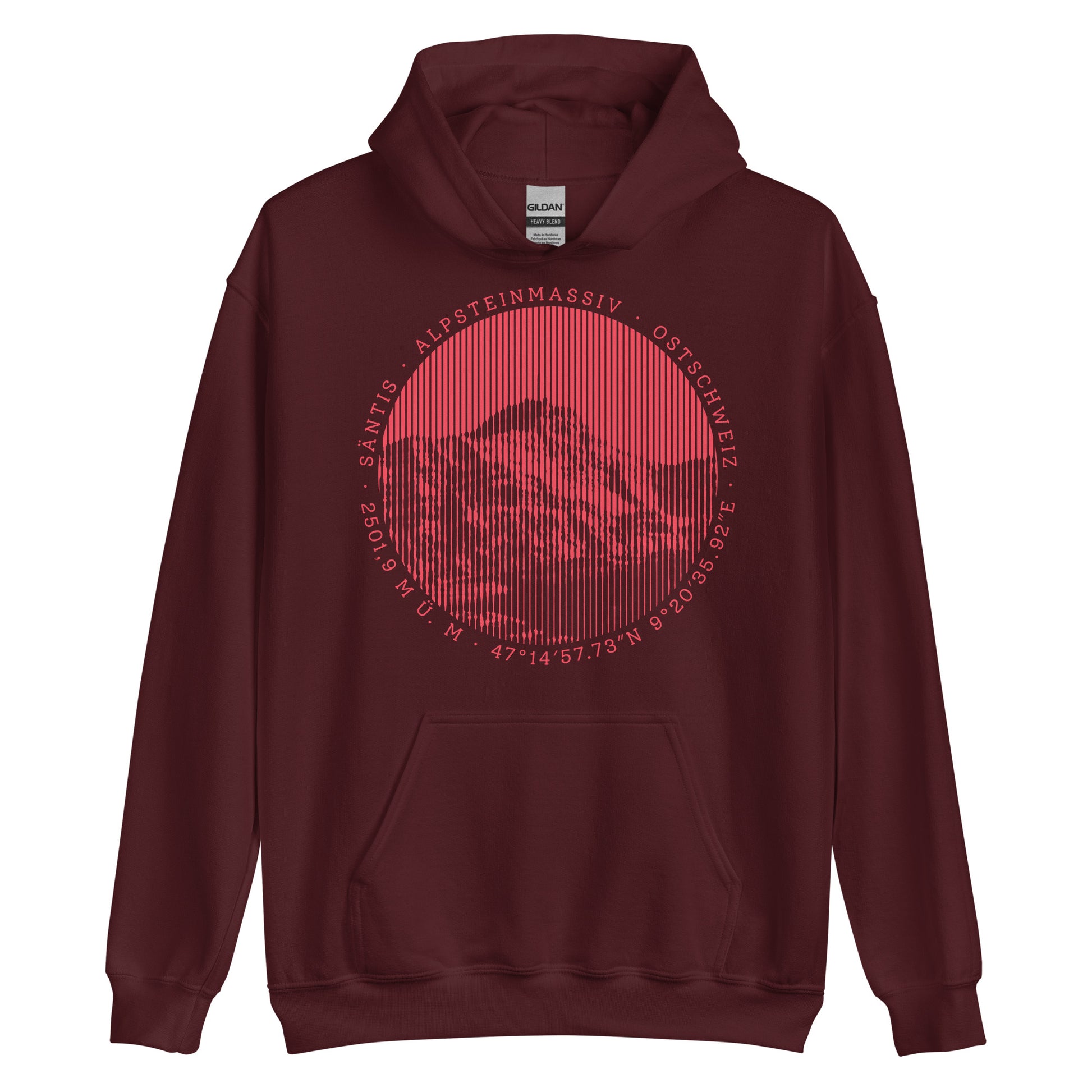 Kastanienbrauner Hoodie. Der Print zeigt den Säntis, einen legendären Berggipfel in den Appenzeller Alpen in der Ostschweiz.