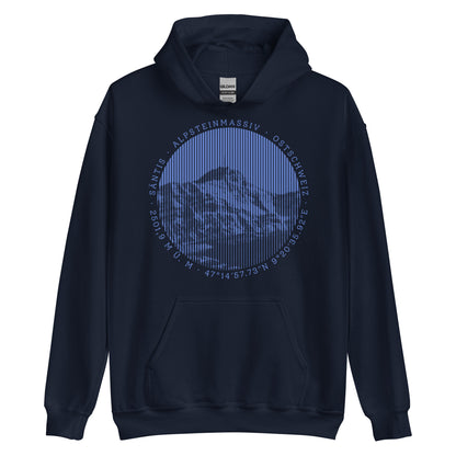 Damen Hoodie in Navyblau mit Säntis-Print, Baumwollmaterial, bequemer Passform.