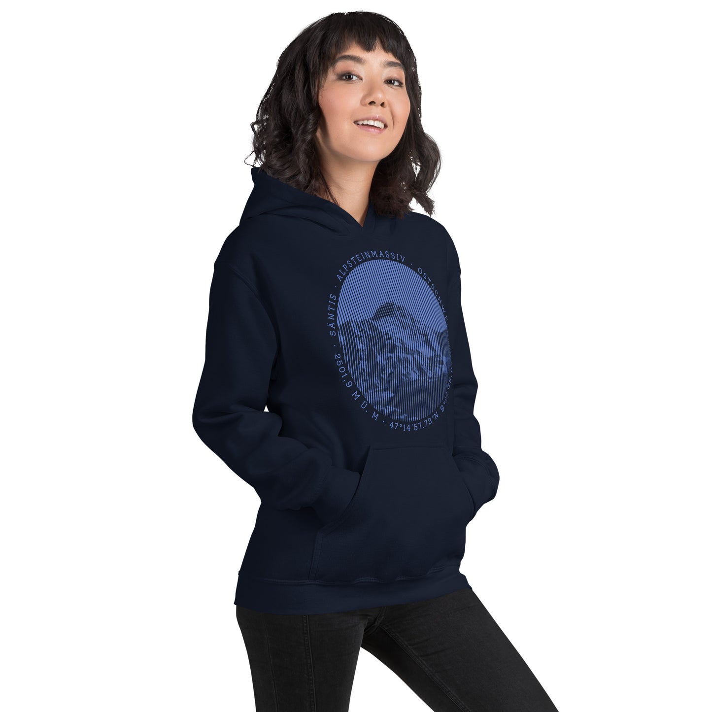 Damen Hoodie in Navyblau mit Säntis-Print, Baumwolle, bequemer Schnitt.