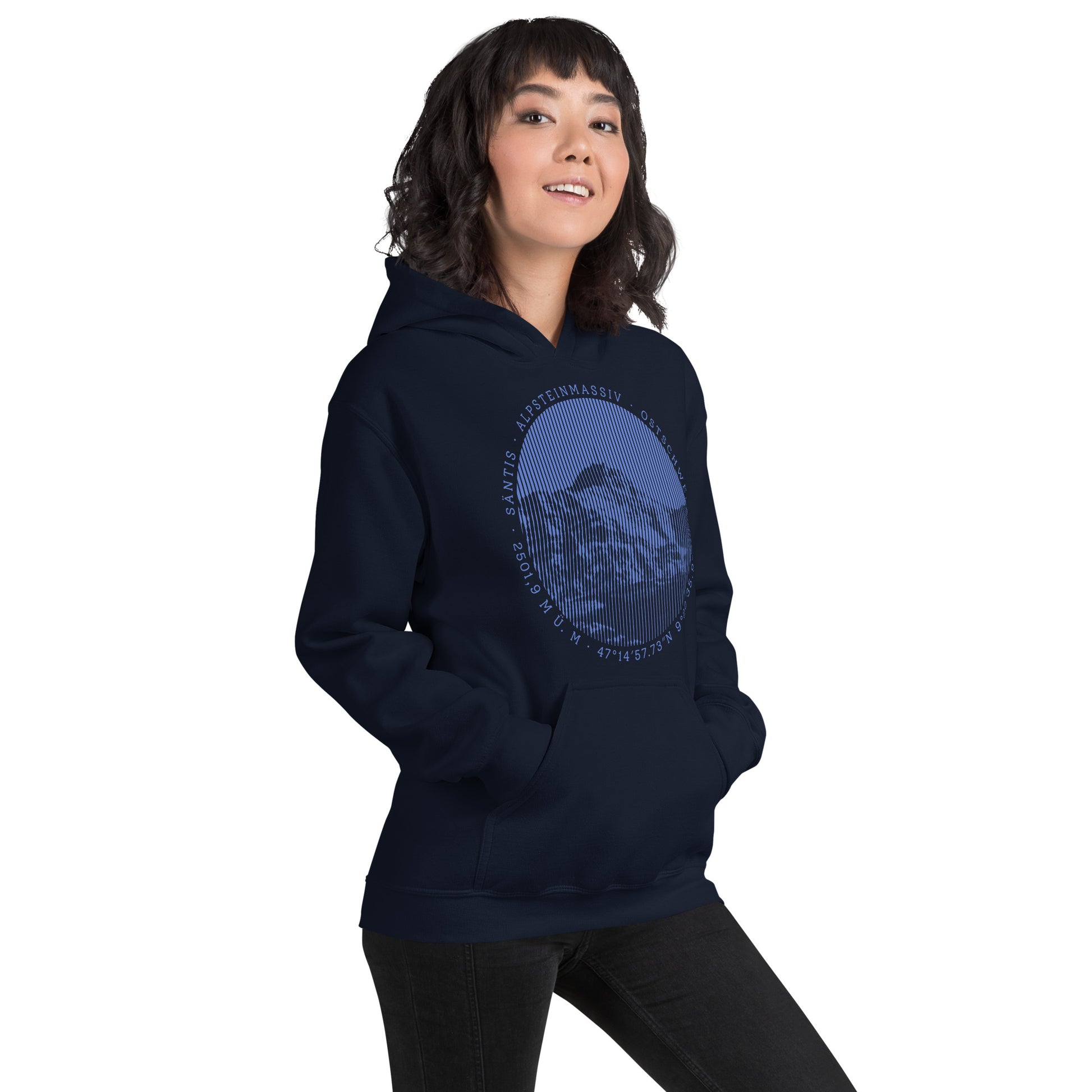 Damen Hoodie in Navyblau mit Säntis-Print, Baumwolle, bequemer Schnitt.
