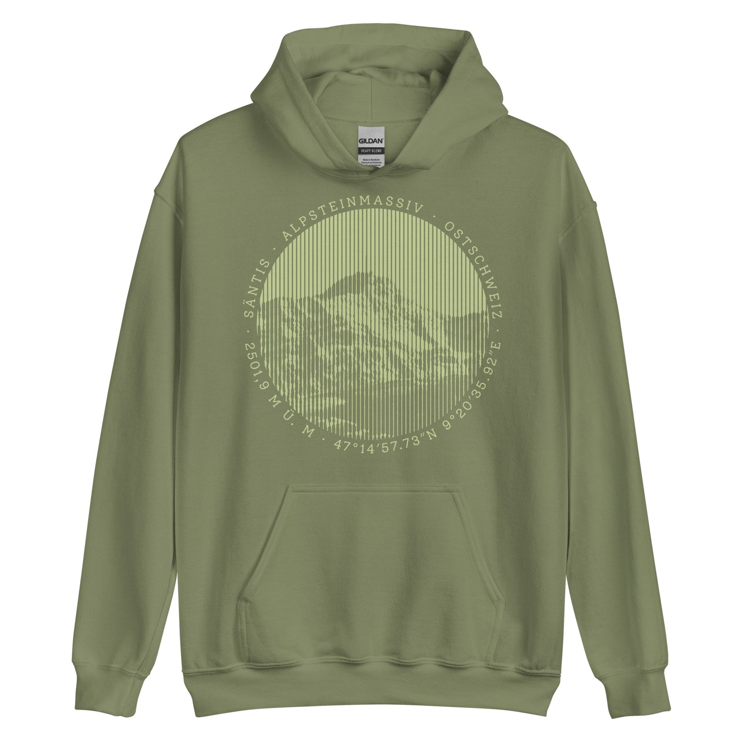 Olivgrüner Hoodie. Der Print zeigt den Säntis, einen legendären Berggipfel in den Appenzeller Alpen in der Ostschweiz.