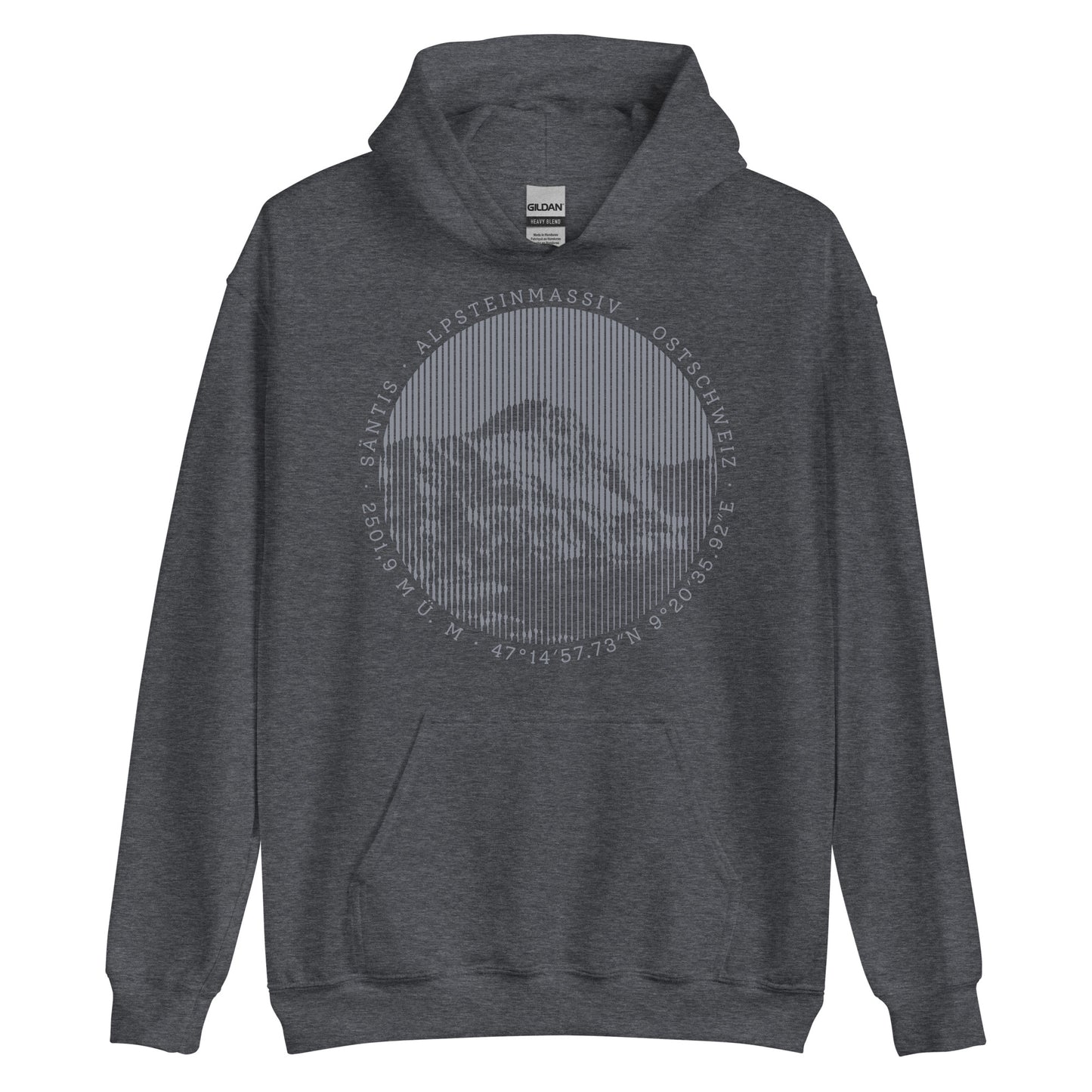 Dunkelgrau melierter Hoodie für Männer. Der Print zeigt den Säntis, einen legendären Berggipfel in den Appenzeller Alpen in der Ostschweiz.