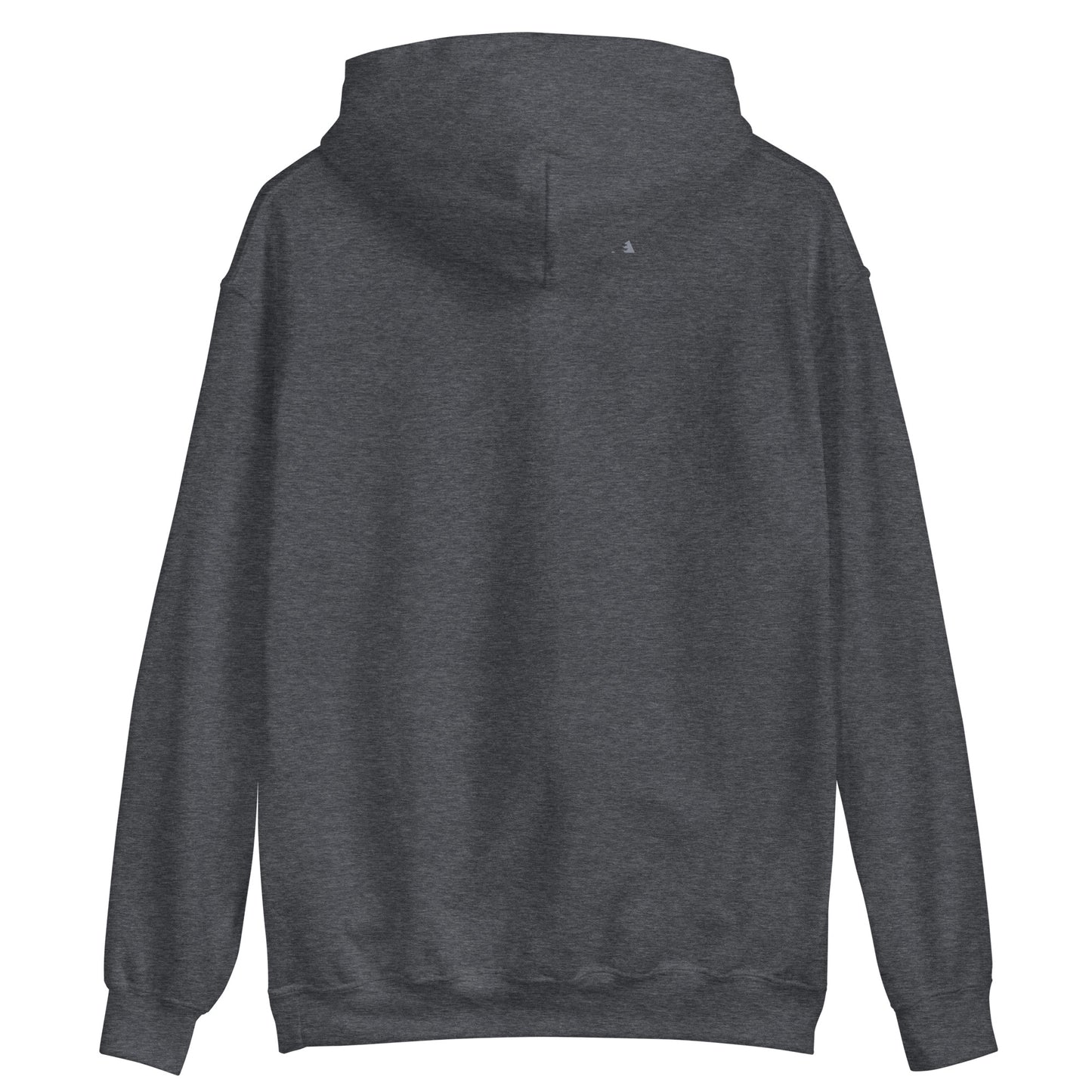 Rückseite eines dunkelgrau melierten Hoodies. 