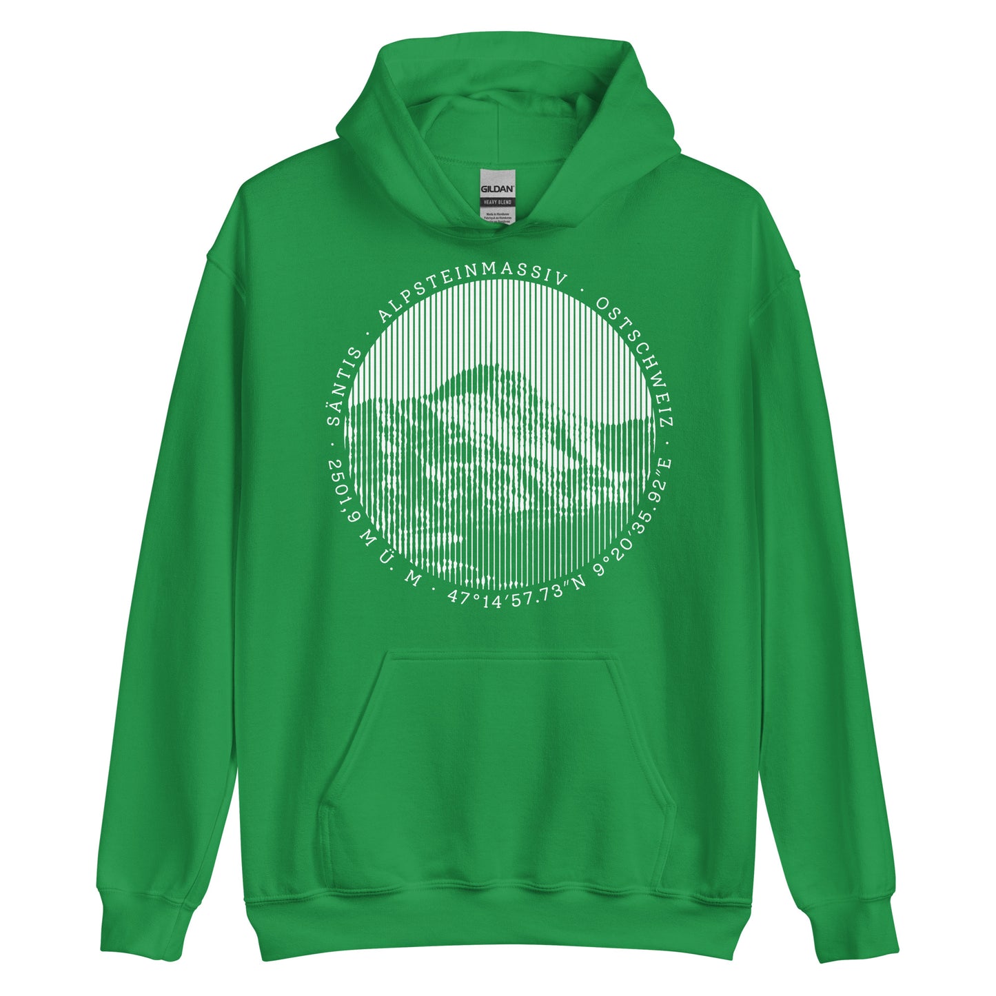 Grün-weisser Hoodie für Männer. Der Print zeigt den Säntis, einen legendären Berggipfel in den Appenzeller Alpen in der Ostschweiz.