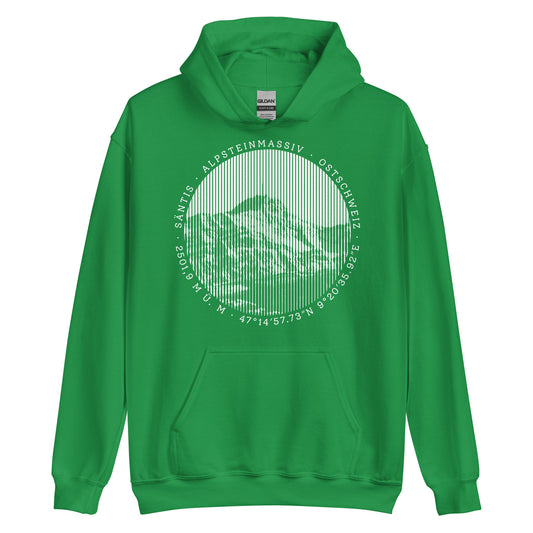 Grün-weisser Hoodie für Männer. Der Print zeigt den Säntis, einen legendären Berggipfel in den Appenzeller Alpen in der Ostschweiz.