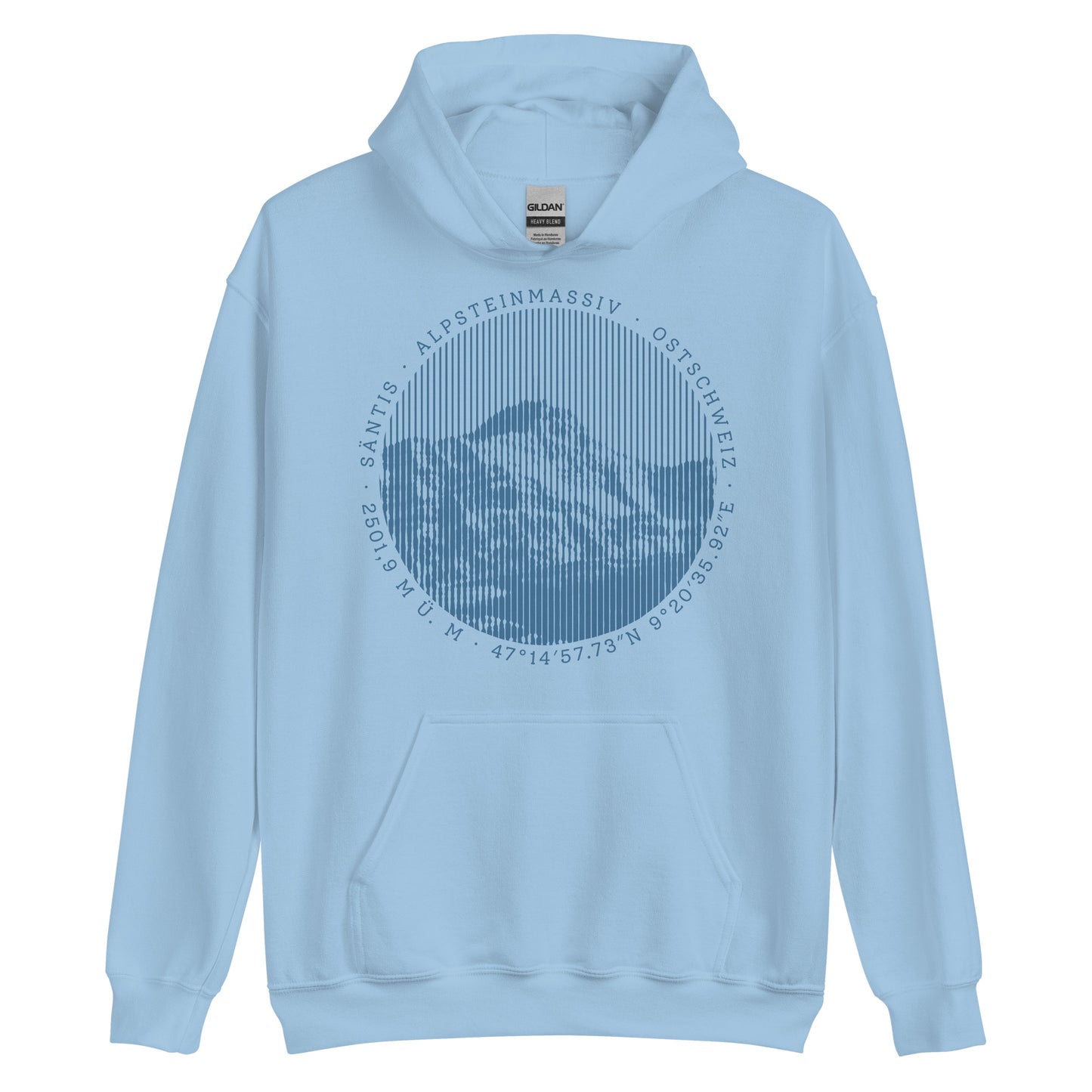 Hellblaues Herren Hoodie. Der Print zeigt den Säntis, einen legendären Berggipfel in den Appenzeller Alpen in der Ostschweiz.