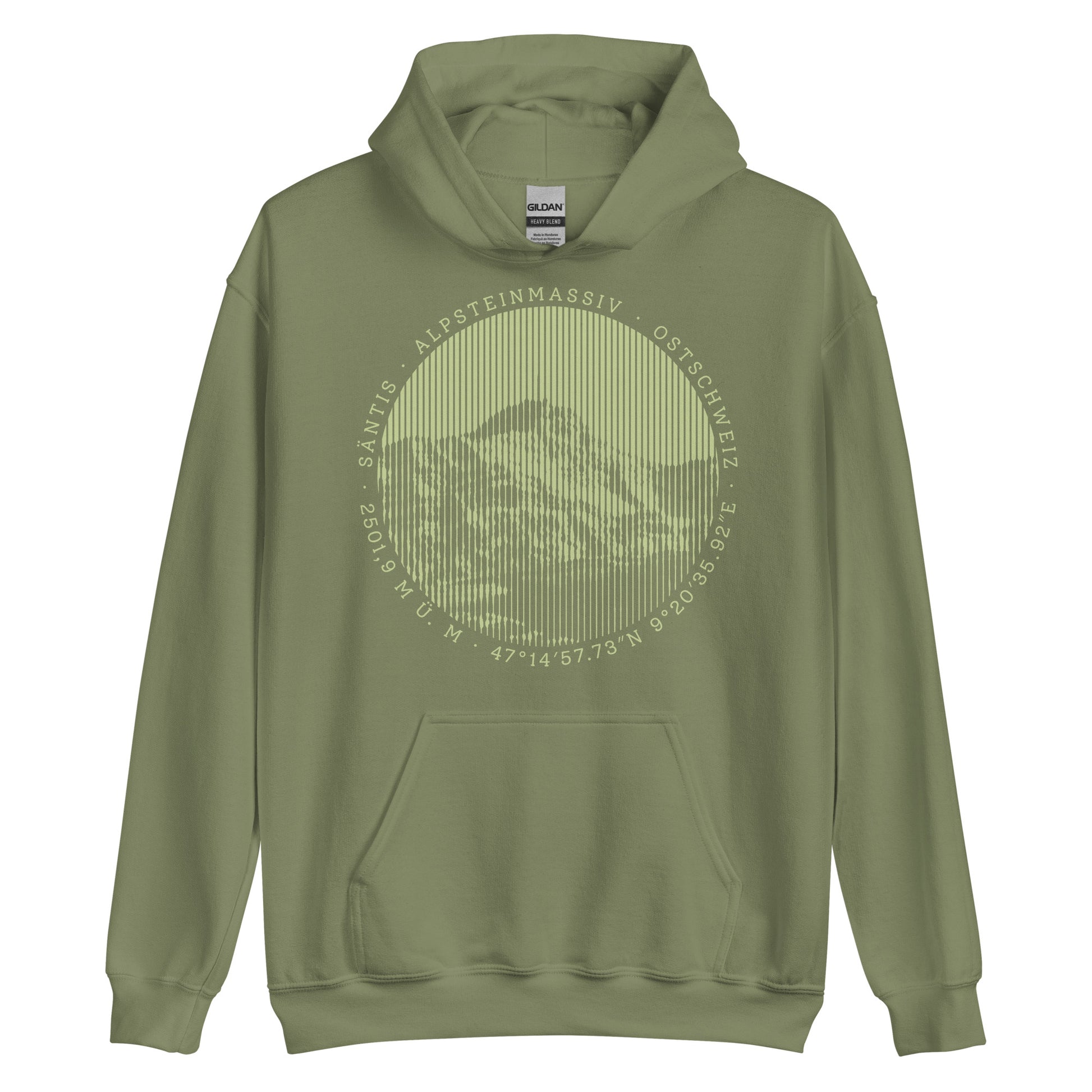 Olivgrüner Herren Hoodie. Der Print zeigt den Säntis, einen legendären Berggipfel in den Appenzeller Alpen in der Ostschweiz.