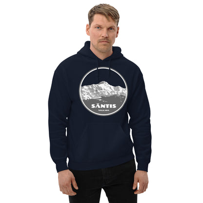 Mann mit dunkelblauem Hoodie von Vallada mit Säntis-Motiv.