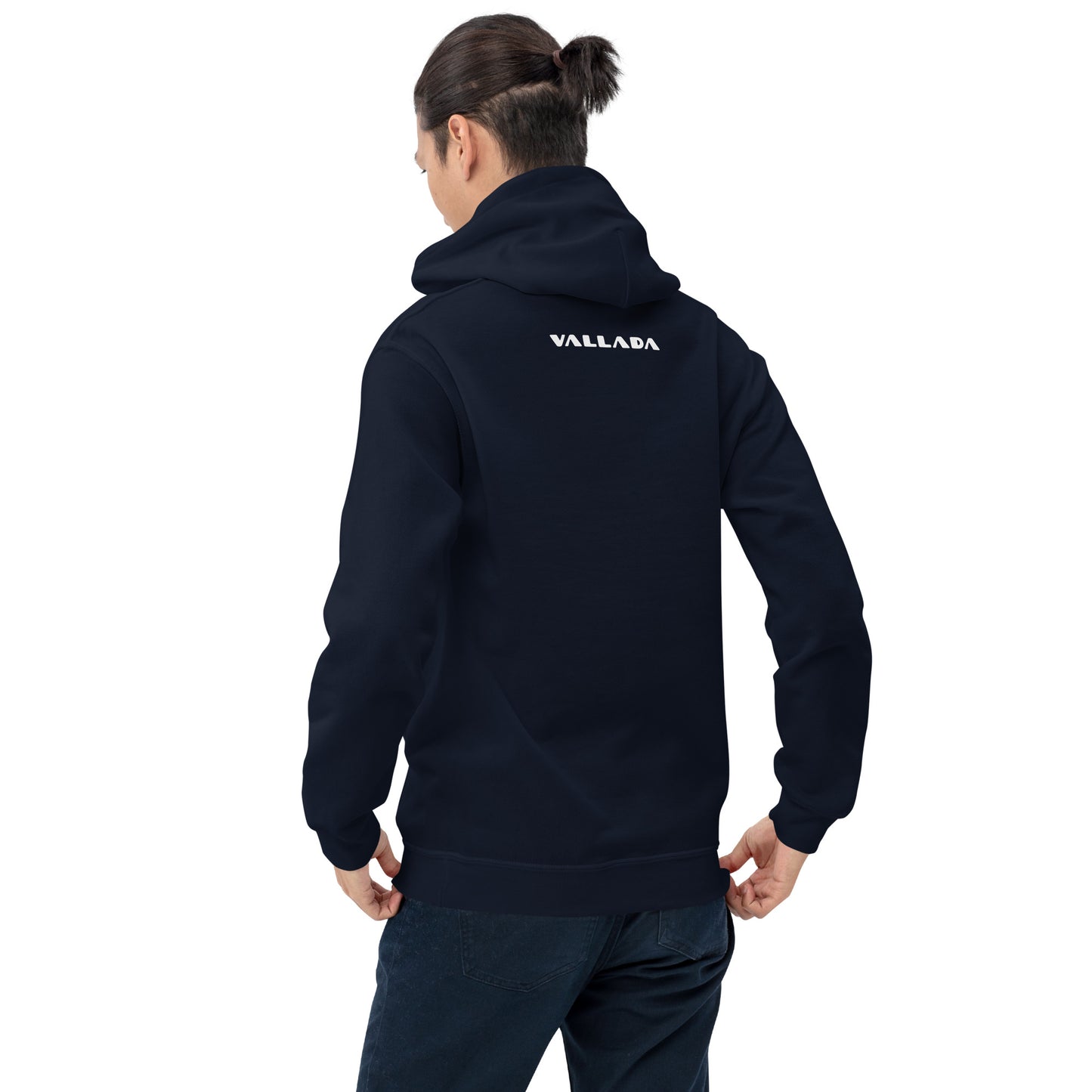 Mann von schräg hinten fotografiert in einem navyblauen Hoodie  und blauer Jeans.