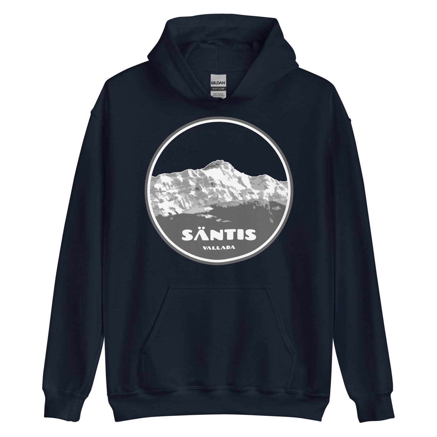 Vorderseite eines navyblauen Hoodies mit Bild des Säntis