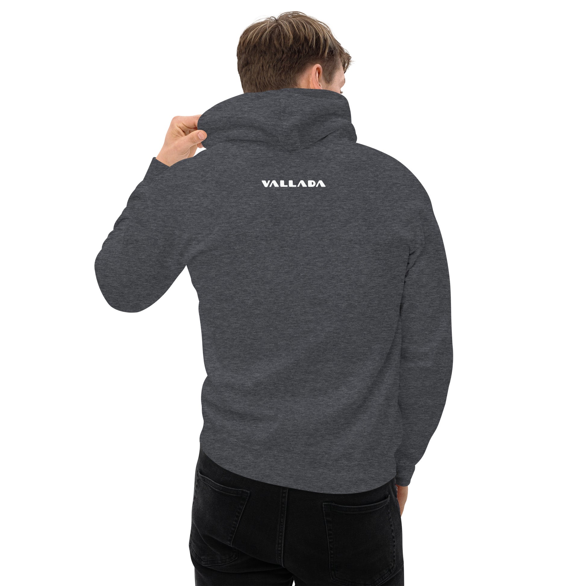 Dunkelgrauer Hoodie von Vallada in der Rückenansicht.