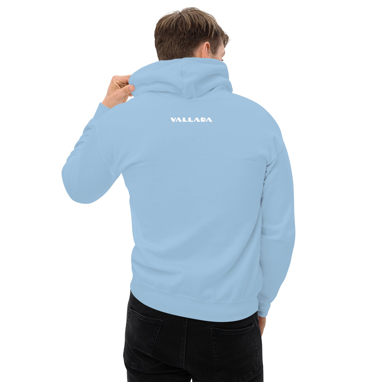 Rückenansicht eines hellblauen Hoodies der Marke Vallada.