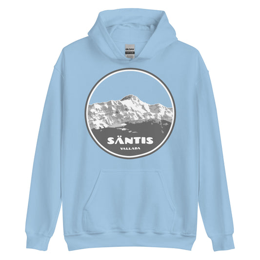 Der hellblaue Hoodie von Vallada mit Säntis-Print ist das ideale Geschenk für jeden Liebhaber der Bergwelt des Alpsteins.