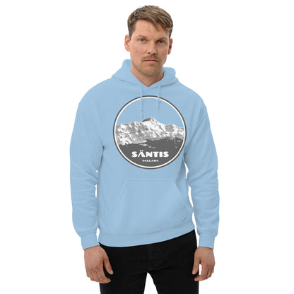 Hoodie in Hellblau der den Säntis-Gipfel zeigt. Der Kapuzenpullover ist ein ideales Geschenk für jeden Mann, der der die Bergwelt des Alpsteins liebt.