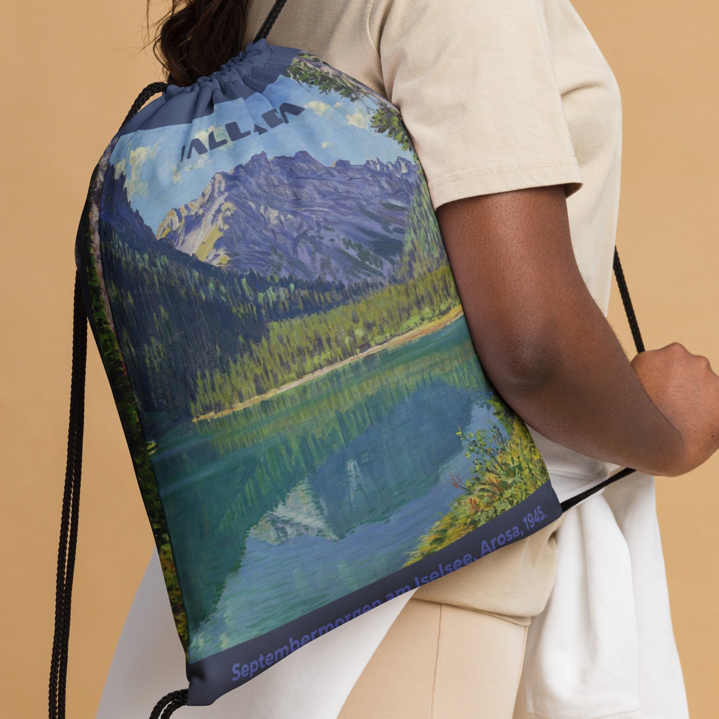 Sportbeutel mit Kordelzug, bedruckt mit Bergsee bei Arosa von Waldemar Theophil Fink.