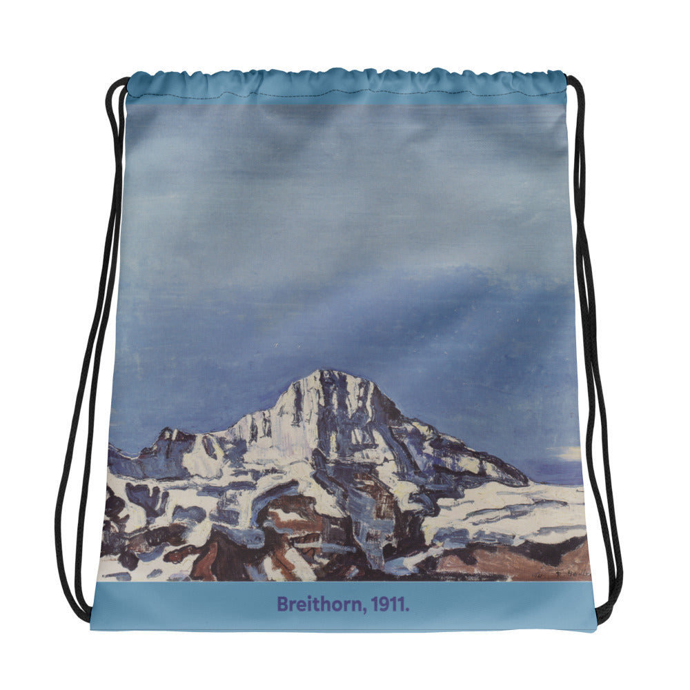 Schwarzer Kordelzugbeutel mit Breithorn-Motiv von Ferdinand Hodler, aus strapazierfähigem Polyester.