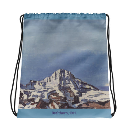 Schwarzer Kordelzugbeutel mit Breithorn-Motiv von Ferdinand Hodler, aus strapazierfähigem Polyester.