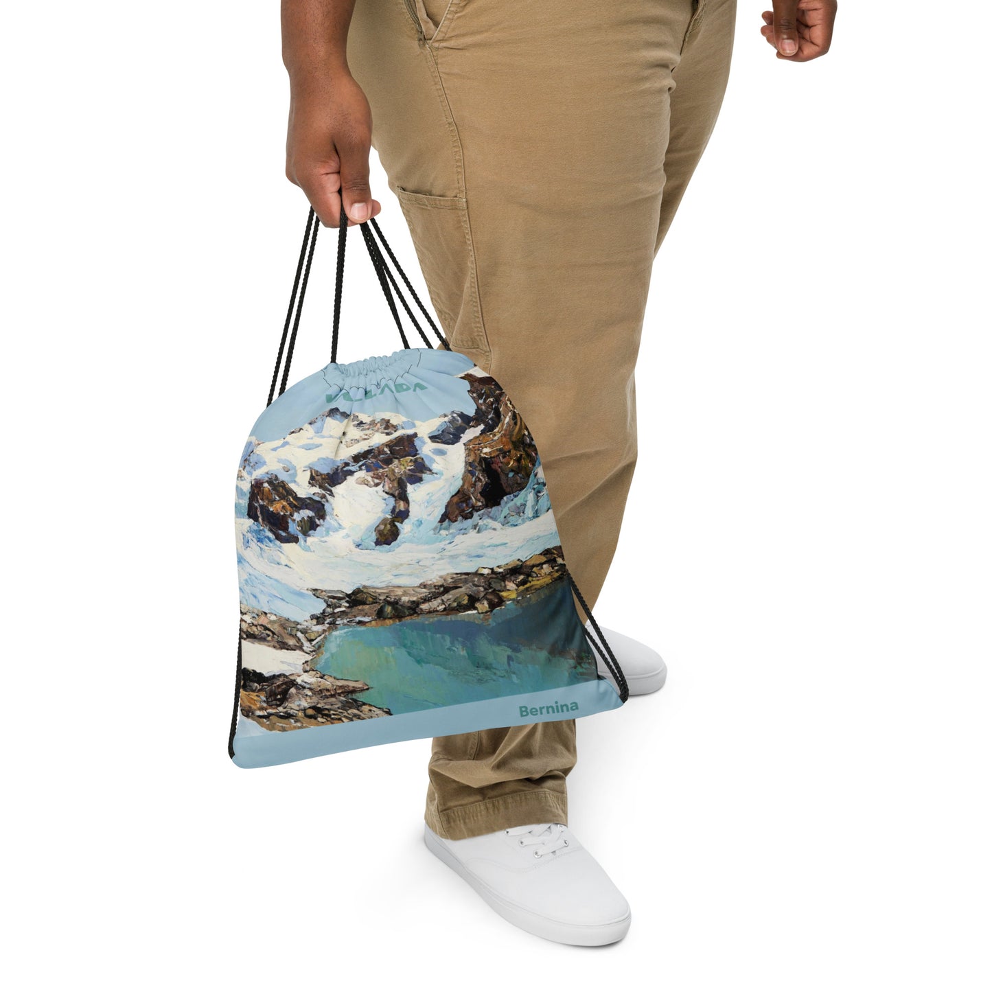 Sportbeutel Piz Bernina mit Bergmotiv, Kordelzug und seitlicher Tragetasche in Grau.