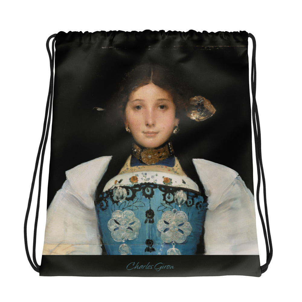 Kordelzugbeutel mit Unterwaldner Mädchen Motiv von Charles Giron, Baumwolle, blau-weiss.
