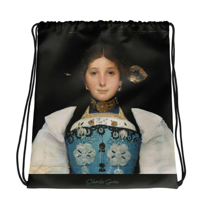 Kordelzugbeutel mit Unterwaldner Mädchen Motiv von Charles Giron, Baumwolle, blau-weiss.