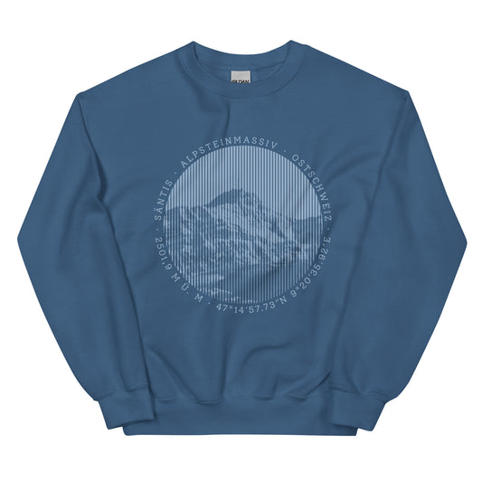 Indigofarbiges Sweatshirt. Der Print zeigt den Säntis, einen legendären Berggipfel in den Appenzeller Alpen in der Ostschweiz.