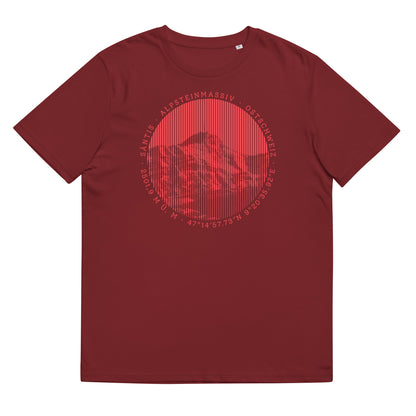 Kastanienbraunes Damen T-Shirt. Der Print zeigt den Säntis, einen legendären Berggipfel in den Appenzeller Alpen in der Ostschweiz.