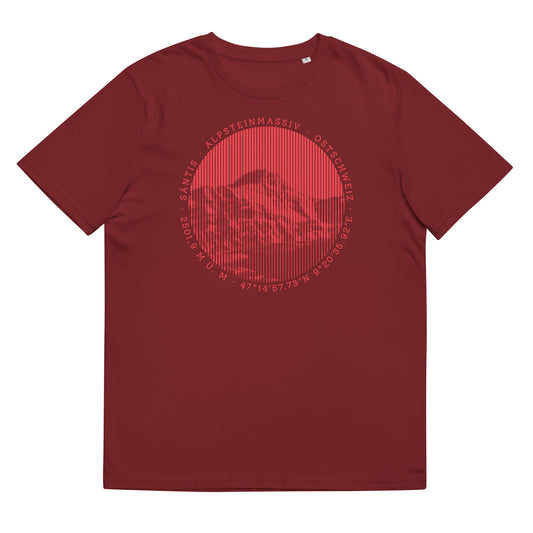 Kastanienbraunes Damen T-Shirt. Der Print zeigt den Säntis, einen legendären Berggipfel in den Appenzeller Alpen in der Ostschweiz.