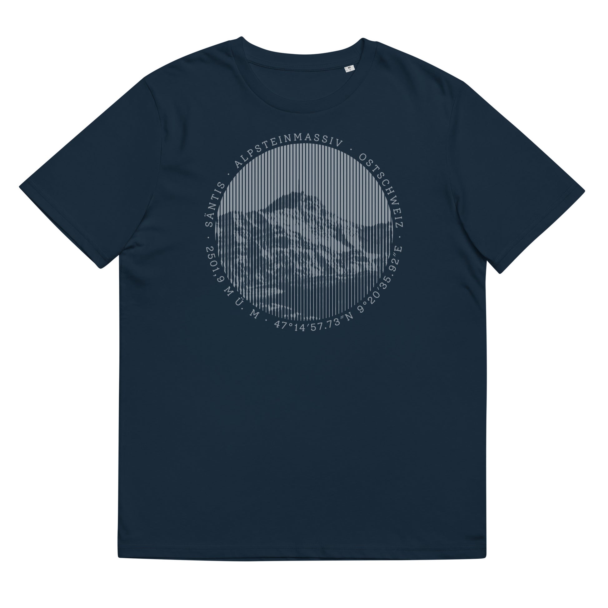 Navyblaues Damen T-Shirt. Der Print zeigt den Säntis, einen legendären Berggipfel in den Appenzeller Alpen in der Ostschweiz.