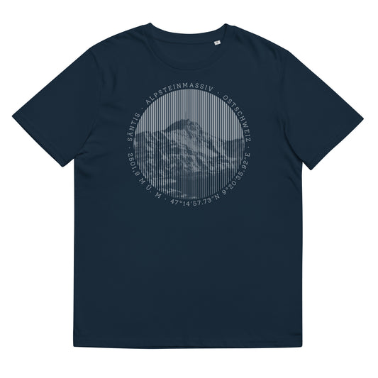 Navyblaues Damen T-Shirt. Der Print zeigt den Säntis, einen legendären Berggipfel in den Appenzeller Alpen in der Ostschweiz.