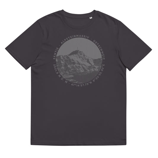 Anthrazitfarbenes Damen T-Shirt aus ökologischer Baumwolle. Der Print zeigt den Säntis, einen legendären Berggipfel in den Appenzeller Alpen in der Ostschweiz.