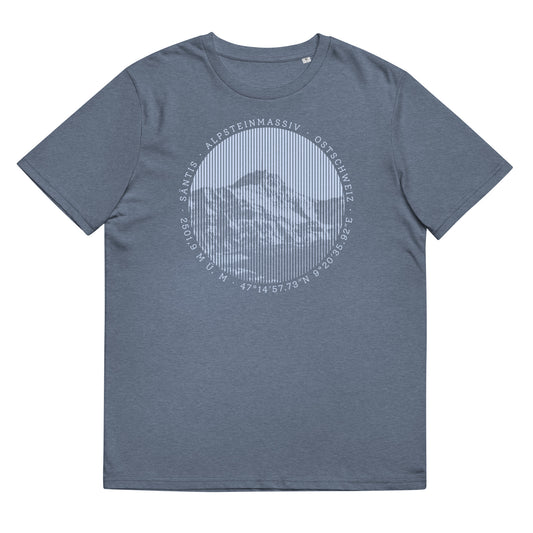 Dunkelblau meliertes Damen T-Shirt aus ökologischer Baumwolle. Der Print zeigt den Säntis, einen legendären Berggipfel in den Appenzeller Alpen in der Ostschweiz.