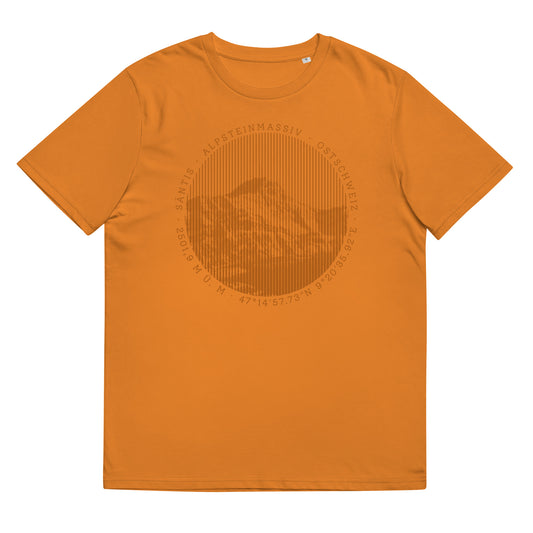 Oranges Damen T-Shirt aus ökologischer Baumwolle. Der Print zeigt den Säntis, einen legendären Berggipfel in den Appenzeller Alpen in der Ostschweiz.
