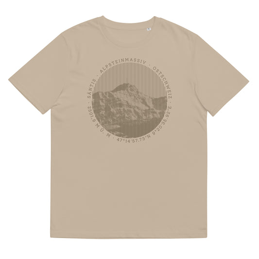 Beiges Damen T-Shirt aus ökologischer Baumwolle. Der Print zeigt den Säntis, einen legendären Berggipfel in den Appenzeller Alpen in der Ostschweiz.