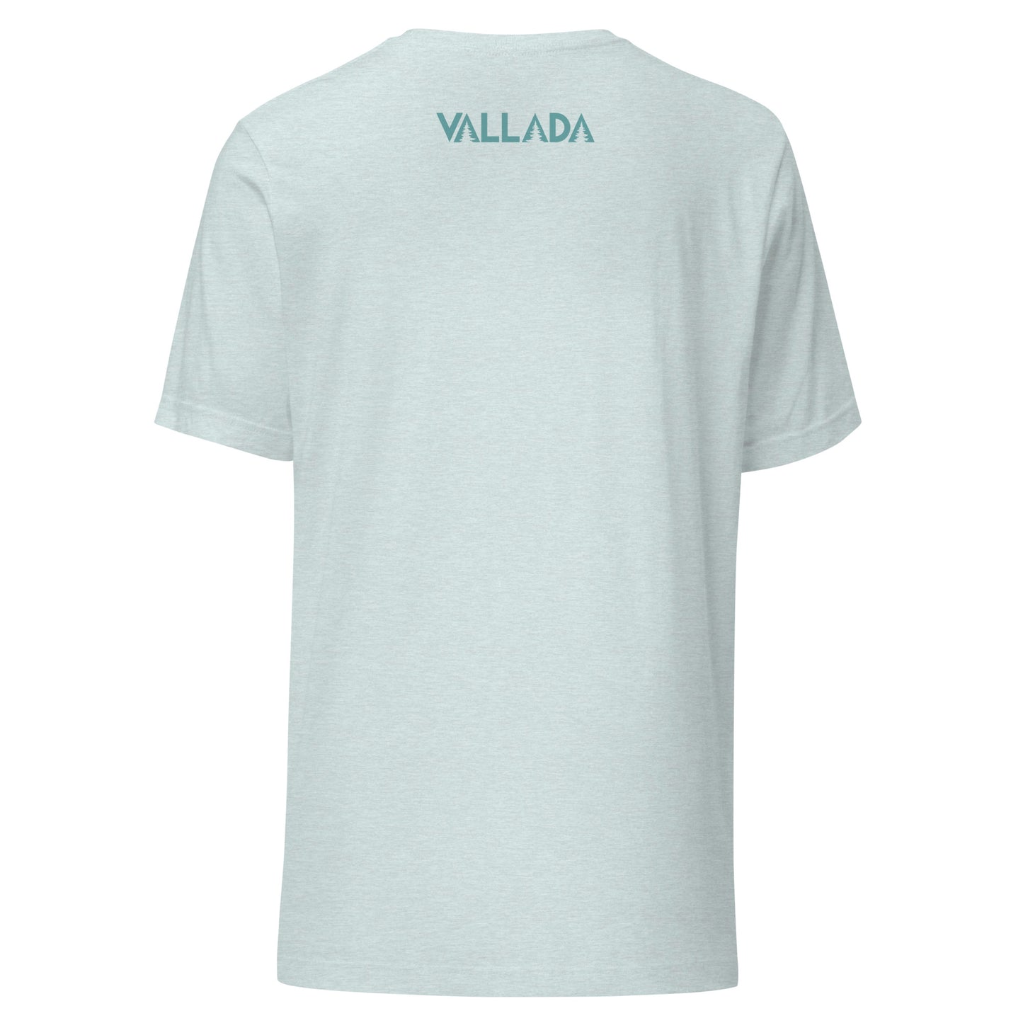 Rückseite eines hellblauen Damen T-Shirt mit Vallada-Logo.