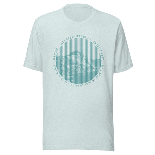 Eisblaues Damen T-Shirt. Der Print zeigt den Säntis, einen legendären Berggipfel in den Appenzeller Alpen in der Ostschweiz.