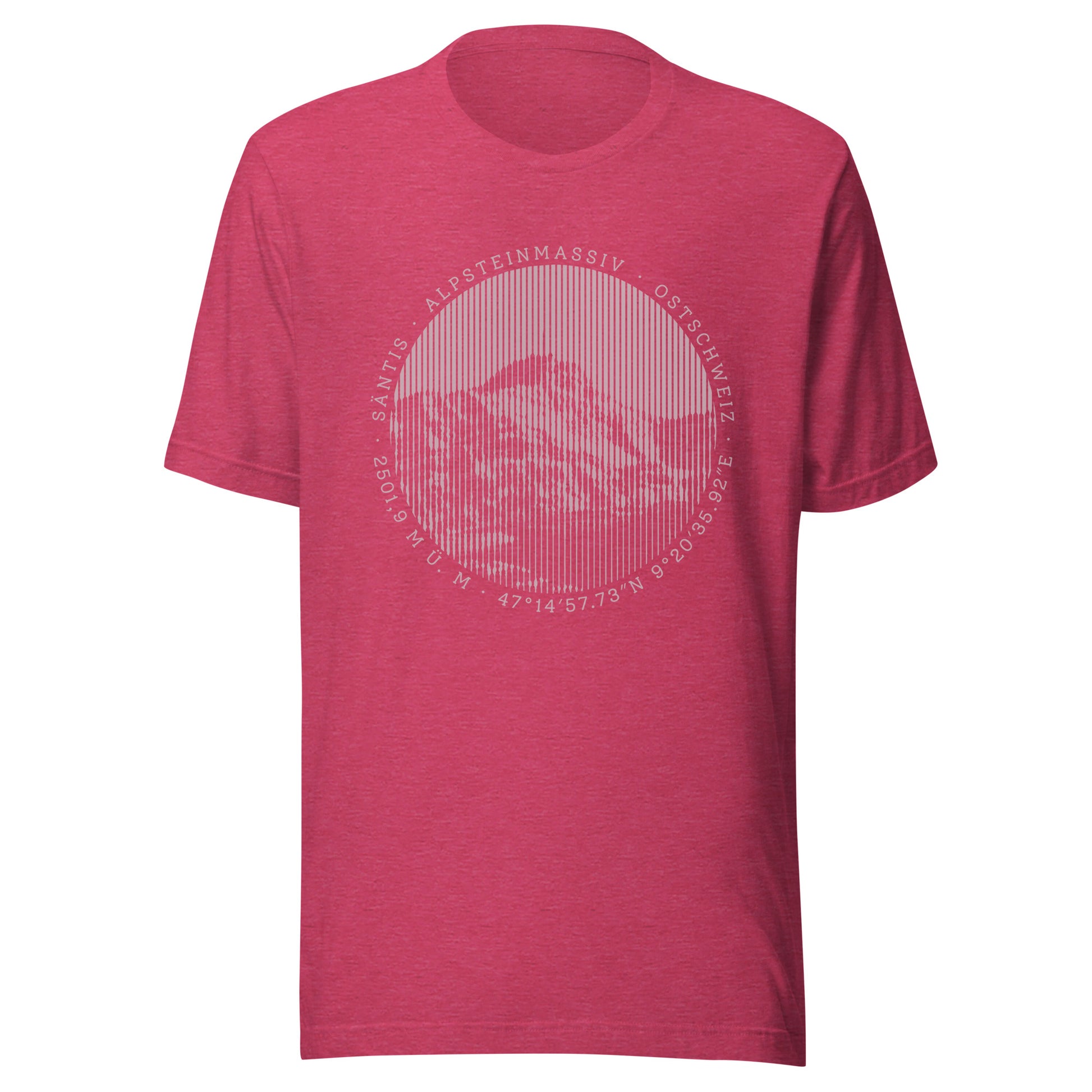 Rotes Damen T-Shirt. Der Print zeigt den Säntis, einen legendären Berggipfel in den Appenzeller Alpen in der Ostschweiz.