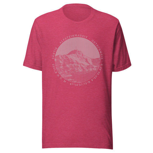 Himbeerrotes Damen T-Shirt. Der Print zeigt den Säntis, einen legendären Berggipfel in den Appenzeller Alpen in der Ostschweiz.