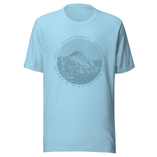 Meerblaues Damen T-Shirt. Der Print zeigt den Säntis, einen legendären Berggipfel in den Appenzeller Alpen in der Ostschweiz.