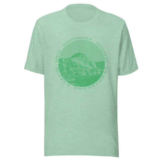 Mintgrün meliertes Damen T-Shirt. Der Print zeigt den Säntis, einen legendären Berggipfel in den Appenzeller Alpen in der Ostschweiz.